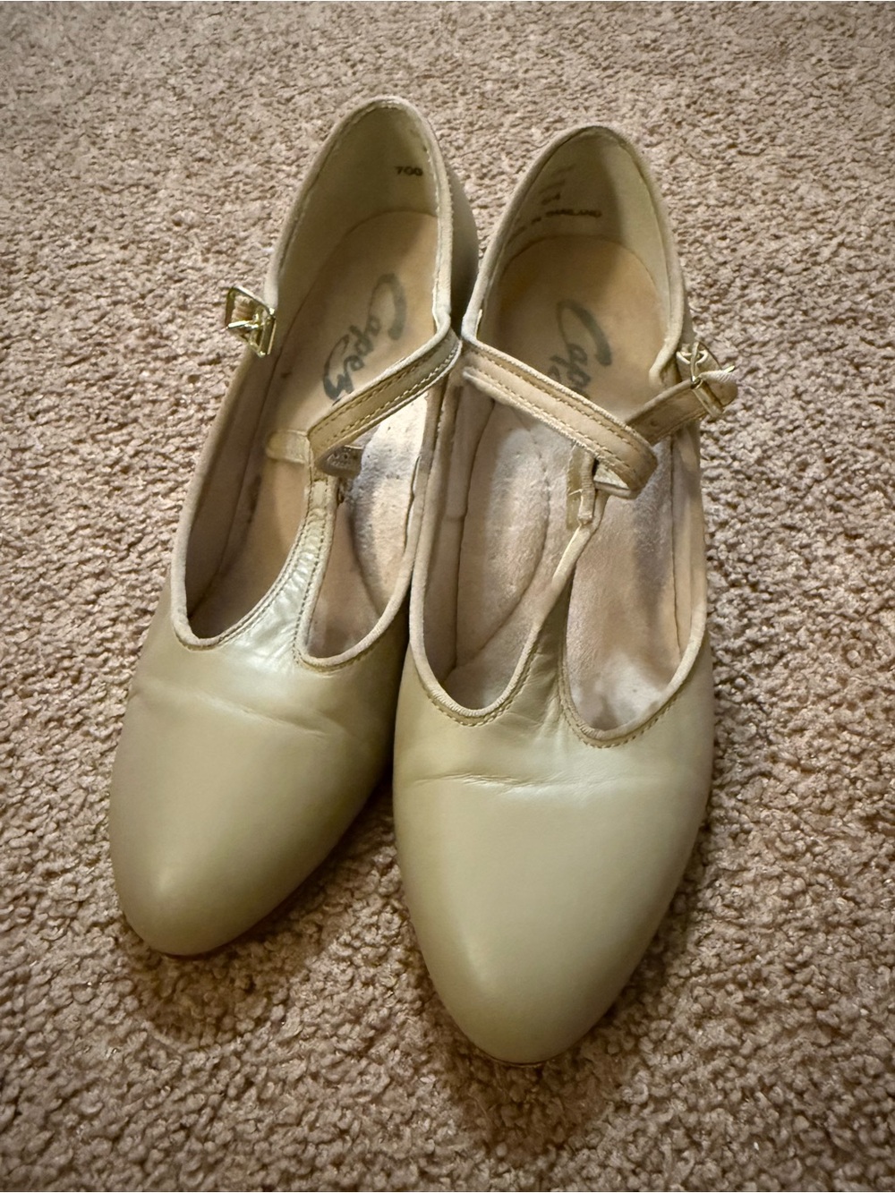 Capezio Beige Mary Jane Flats with Gold Buckles